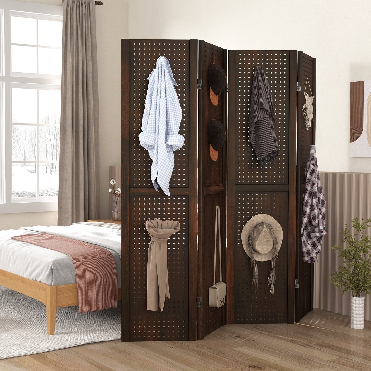 4-Panel Pegboard Display 5 Feet Tall Folding Privacy Screen, Brown Room Dividers   at Gallery Canada