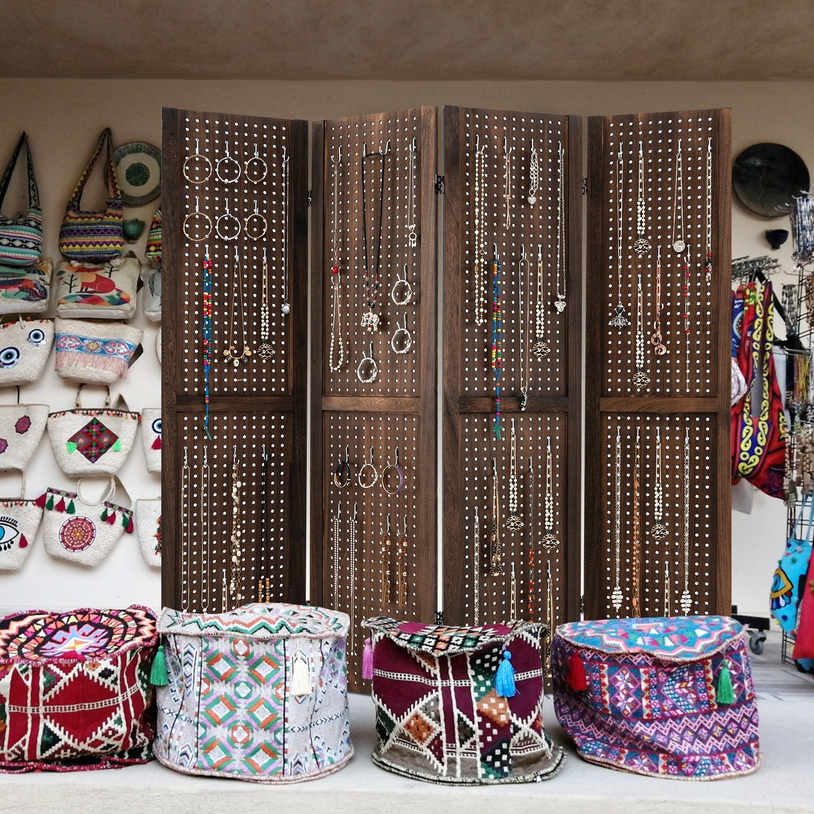 4-Panel Pegboard Display 5 Feet Tall Folding Privacy Screen, Brown Room Dividers   at Gallery Canada