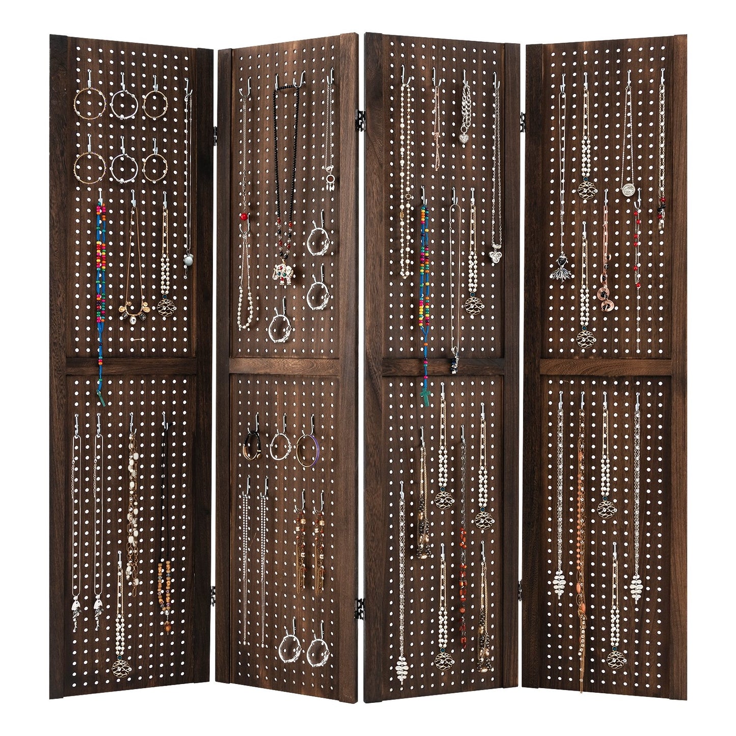 4-Panel Pegboard Display 5 Feet Tall Folding Privacy Screen, Brown Room Dividers   at Gallery Canada