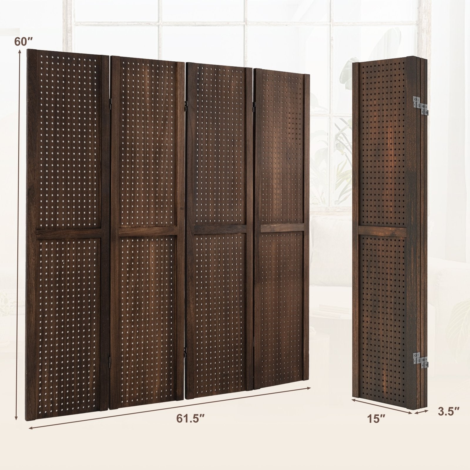 4-Panel Pegboard Display 5 Feet Tall Folding Privacy Screen, Brown Room Dividers   at Gallery Canada