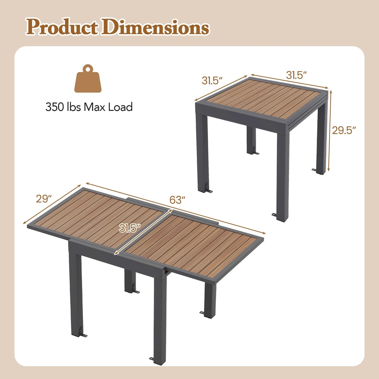 31.5-63 Inches Extendable Patio Table for 4-6 People, Natural Outdoor Decor   at Gallery Canada