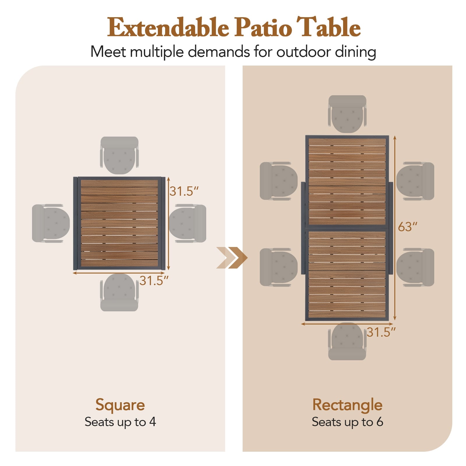 31.5-63 Inches Extendable Patio Table for 4-6 People, Natural Outdoor Decor   at Gallery Canada