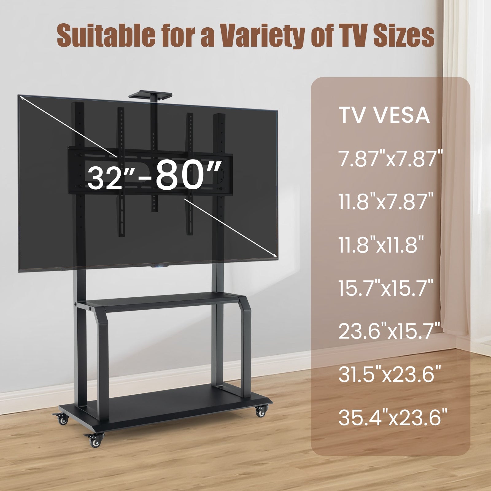 Mobile TV Stand with Camera Shelf and AV Shelves for 32-80 Inch Flat/Curved TVs, Black Entertainment Centers & TV Stands   at Gallery Canada