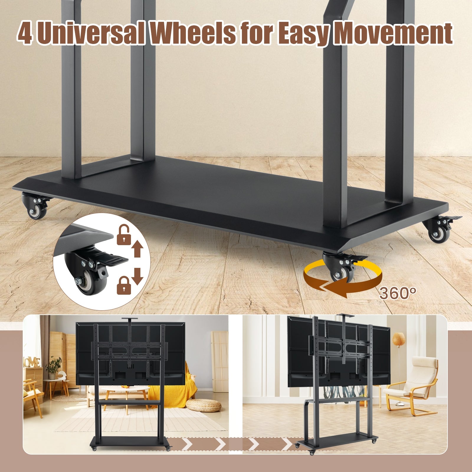 Mobile TV Stand with Camera Shelf and AV Shelves for 32-80 Inch Flat/Curved TVs, Black Entertainment Centers & TV Stands   at Gallery Canada