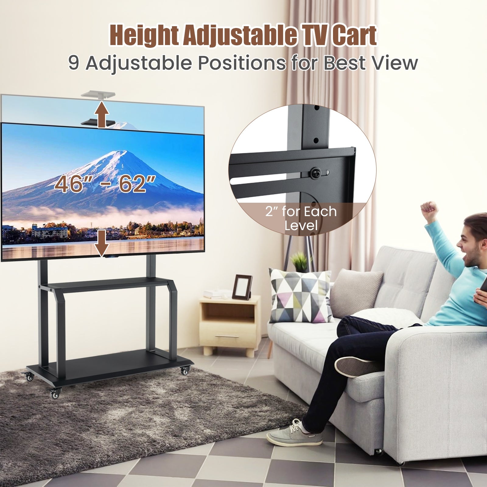 Mobile TV Stand with Camera Shelf and AV Shelves for 32-80 Inch Flat/Curved TVs, Black Entertainment Centers & TV Stands   at Gallery Canada