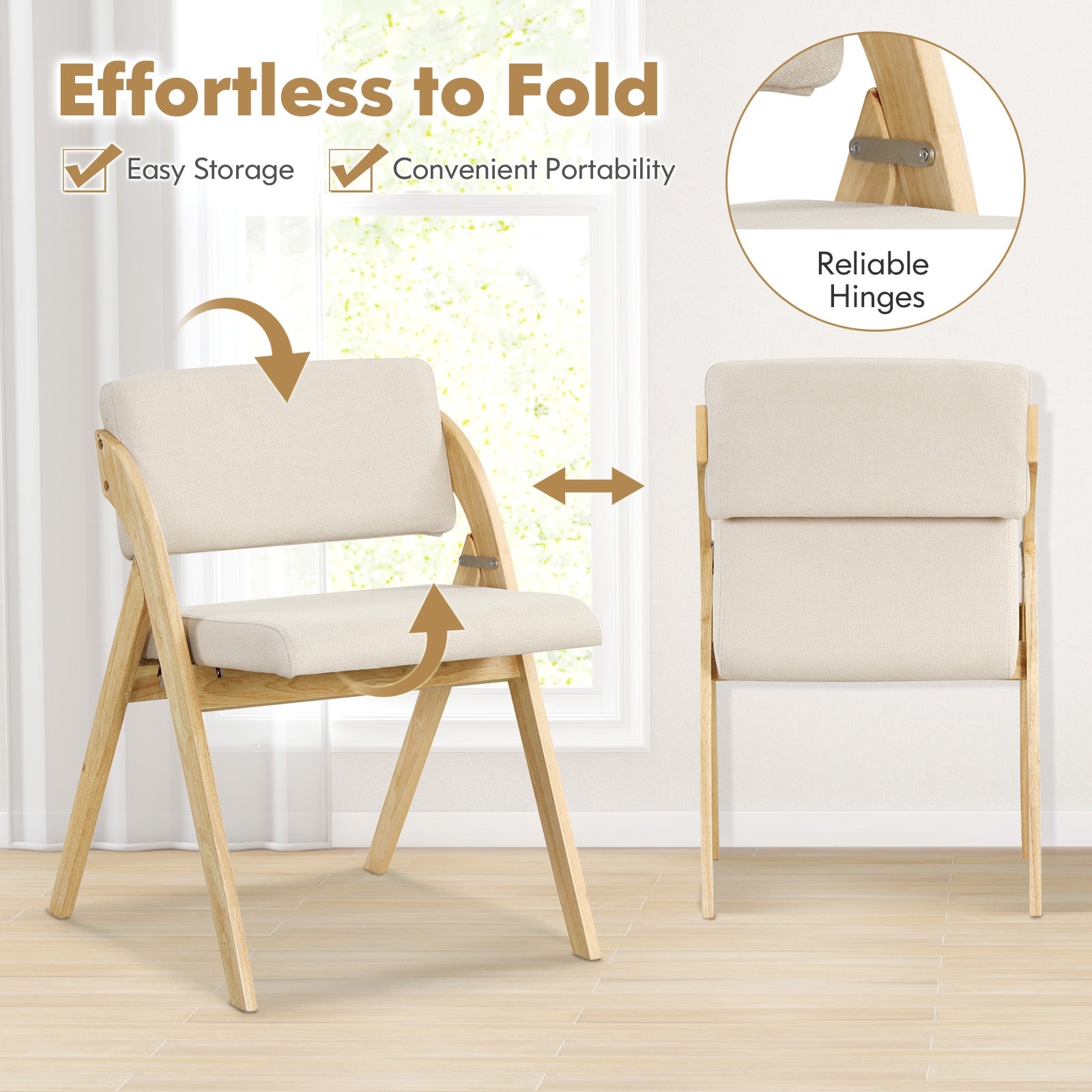 Set of 2 Folding Kitchen Dining Chairs with Rubber Wood Legs, Natural Dining Chairs   at Gallery Canada