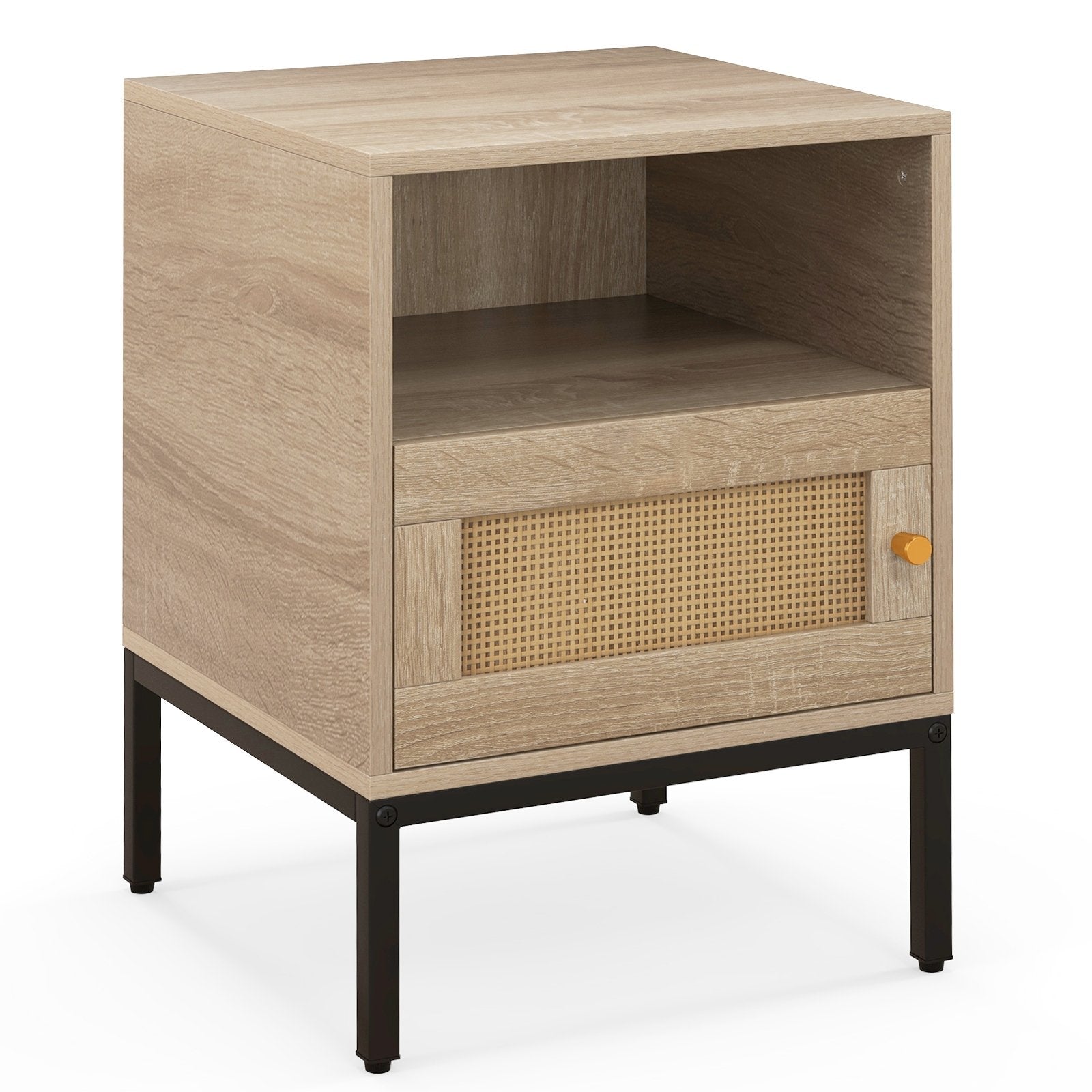 Home Soho Style Accent Table with Open Shelf and 1 Door Cabinet, Natural