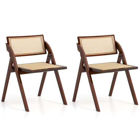 Foldable Dining Chairs Set of 2 with Woven Rattan Backrest, Brown