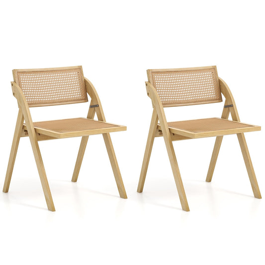 Foldable Dining Chairs Set of 2 with Woven Rattan Backrest, Natural