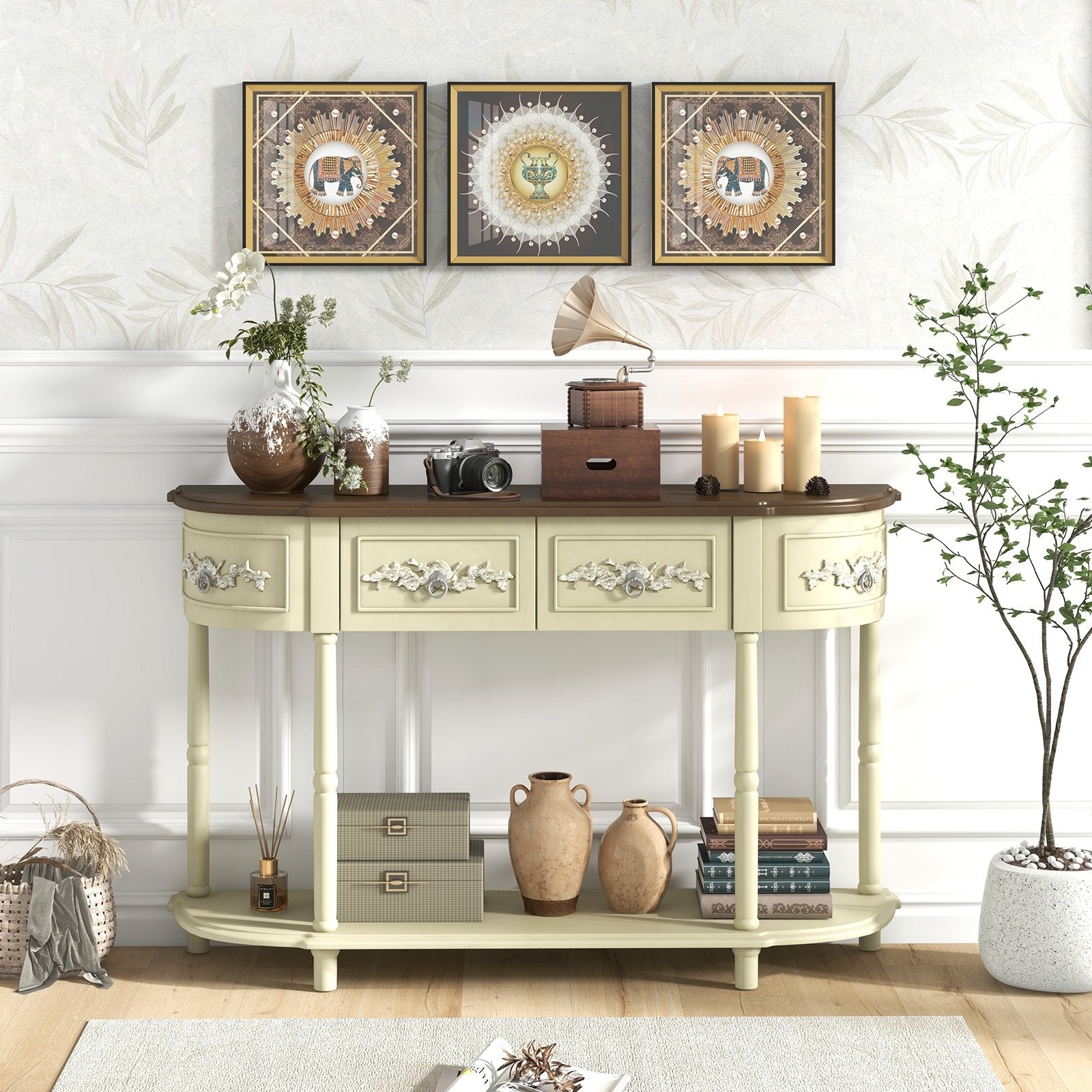 Retro Curved Console Table with Drawers and Solid Wood Legs, Beige Console Tables   at Gallery Canada