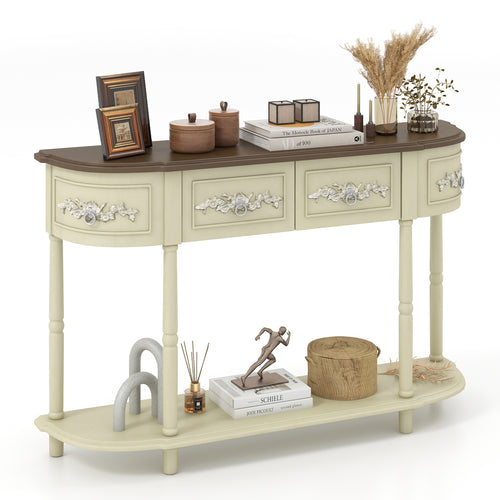 Retro Curved Console Table with Drawers and Solid Wood Legs, Beige