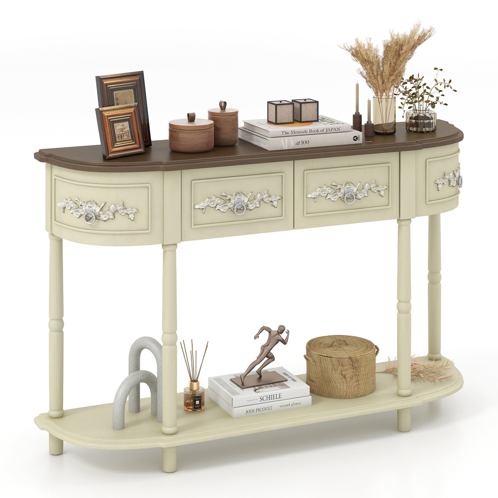 Retro Curved Console Table with Drawers and Solid Wood Legs, Beige Console Tables at Gallery Canada