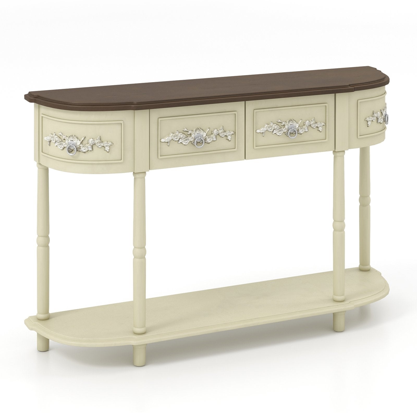 Retro Curved Console Table with Drawers and Solid Wood Legs, Beige Console Tables   at Gallery Canada