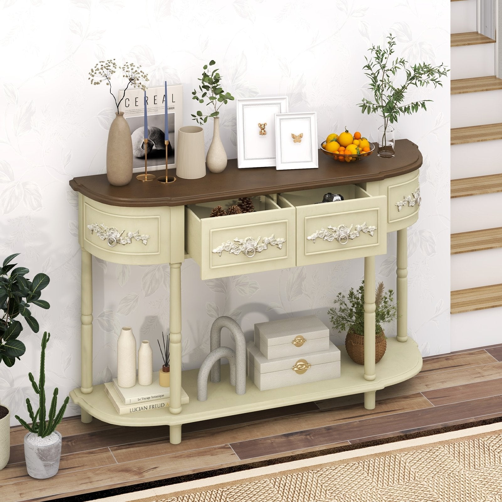 Retro Curved Console Table with Drawers and Solid Wood Legs, Beige Console Tables   at Gallery Canada