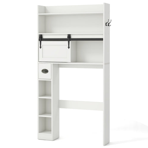 Over The Toilet Storage Cabinet with Sliding Barn Door and Adjustable Shelves, White