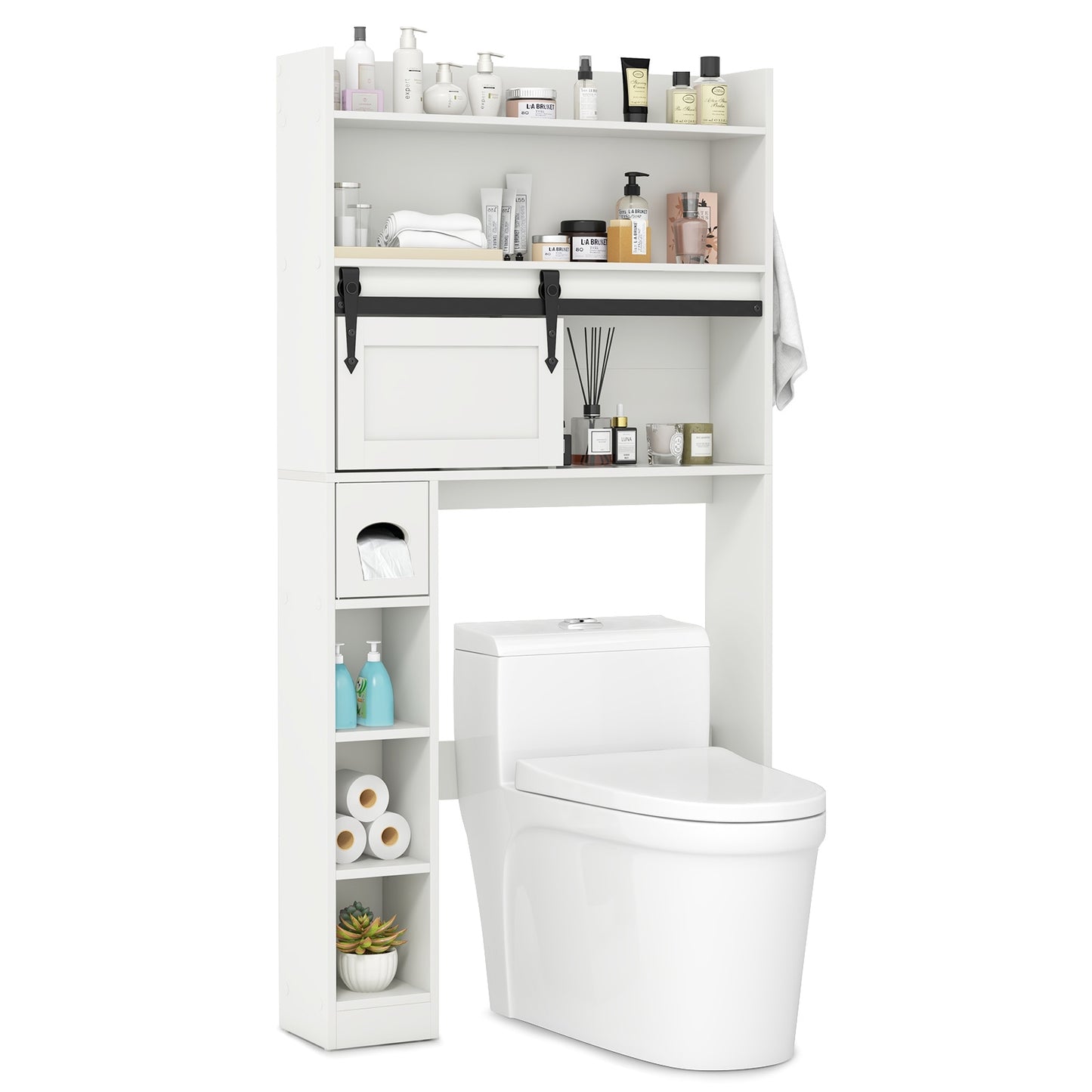 Over The Toilet Storage Cabinet with Sliding Barn Door and Adjustable Shelves, White Bathroom Etagere   at Gallery Canada