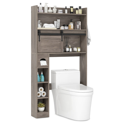 Over The Toilet Storage Cabinet with Sliding Barn Door and Adjustable Shelves, Gray