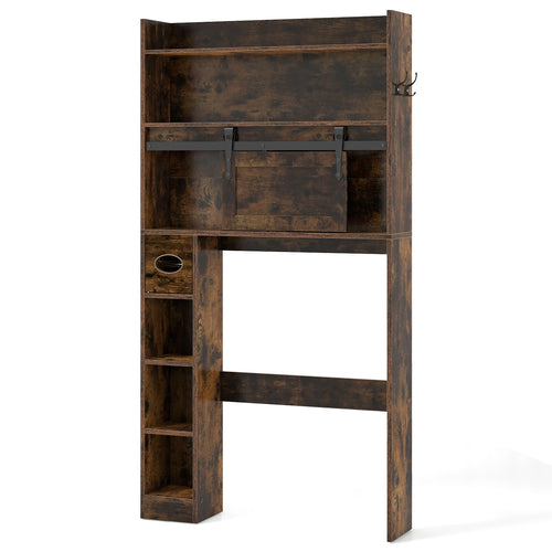Over The Toilet Storage Cabinet with Sliding Barn Door and Adjustable Shelves, Rustic Brown