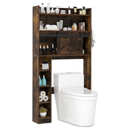 Over The Toilet Storage Cabinet with Sliding Barn Door and Adjustable Shelves, Rustic Brown