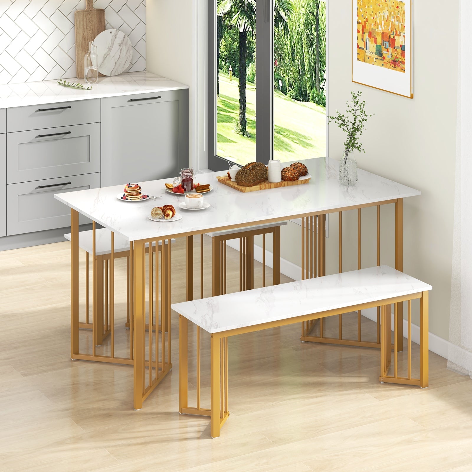 4 Piece Dining Table Set with Bench and 2 Stools, White Dining Room Sets   at Gallery Canada