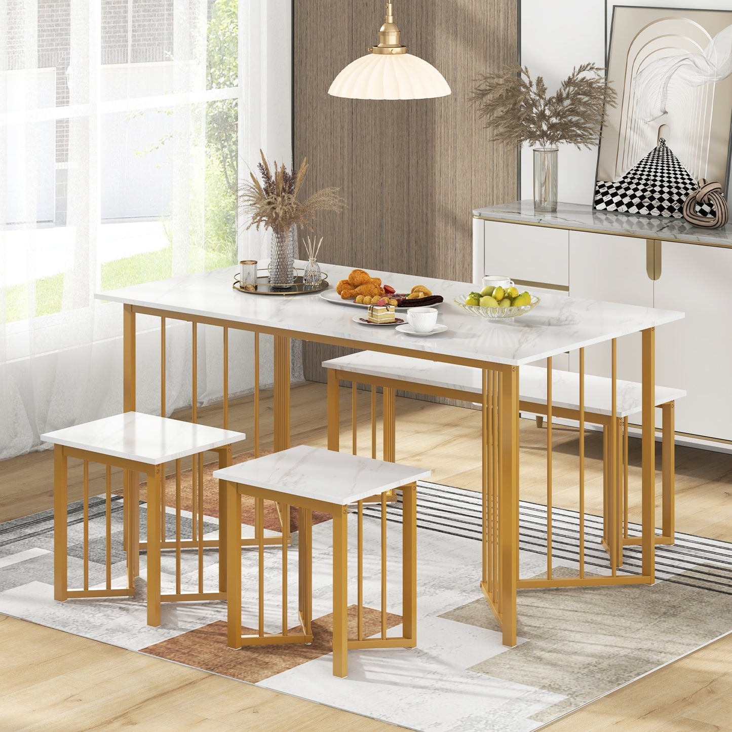 4 Piece Dining Table Set with Bench and 2 Stools, White Dining Room Sets   at Gallery Canada