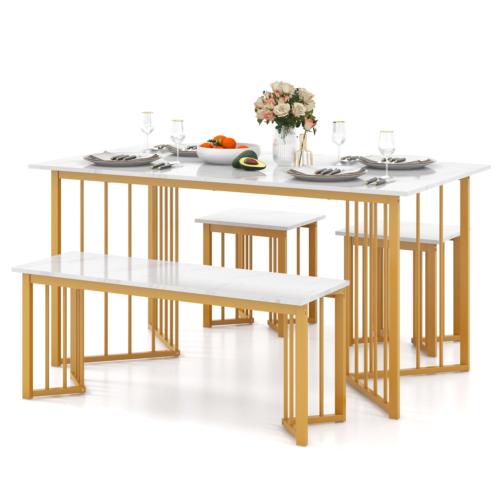 4 Piece Dining Table Set with Bench and 2 Stools, White Dining Room Sets   at Gallery Canada