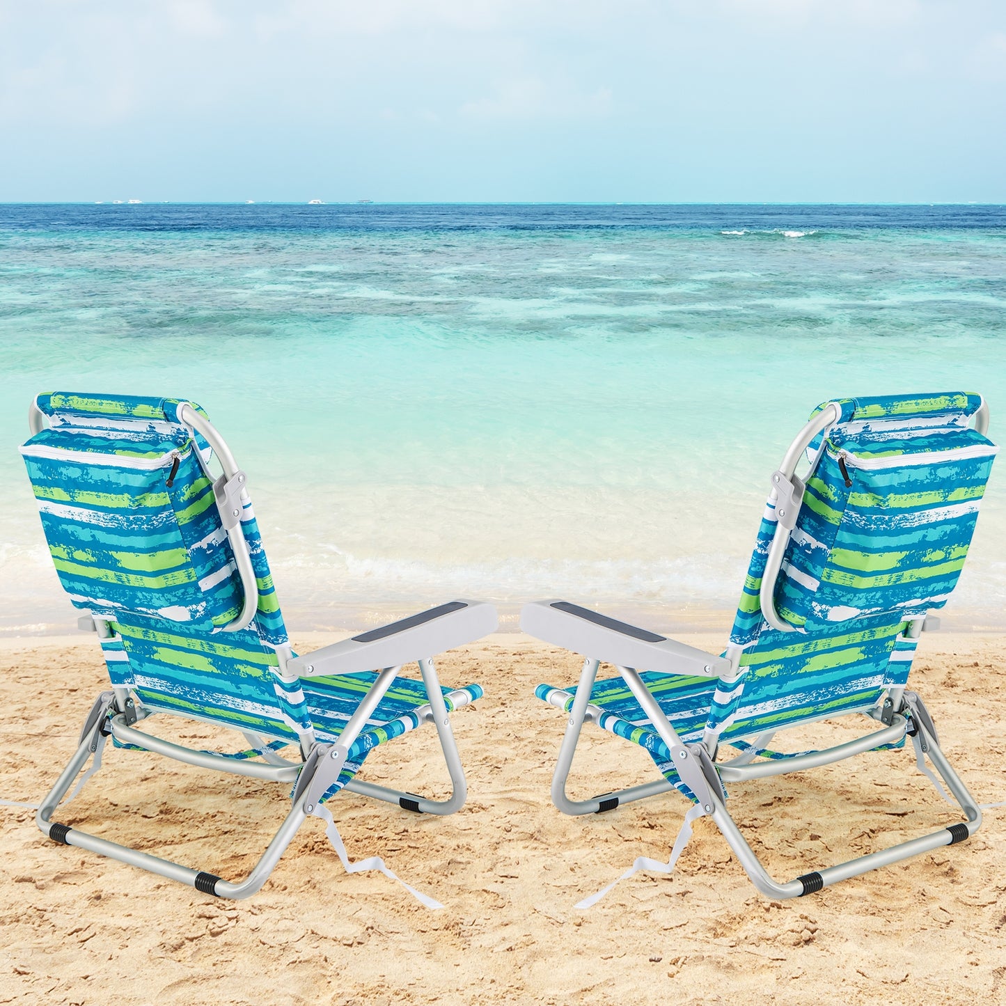 Foldable Backpack Beach Chair with cup holder and Storage Pockets for Outdoor-Blue and Green, Blue & Green Beach & Lawn Chairs   at Gallery Canada