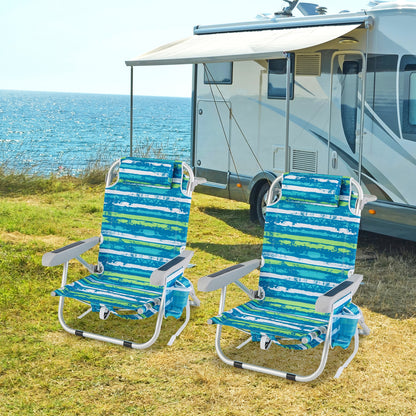 Foldable Backpack Beach Chair with cup holder and Storage Pockets for Outdoor-Blue and Green, Blue & Green Beach & Lawn Chairs   at Gallery Canada