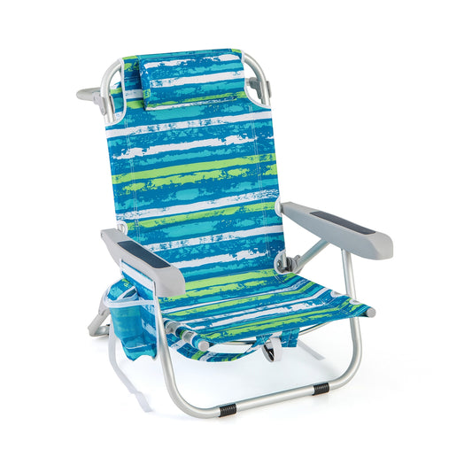 Foldable Backpack Beach Chair with cup holder and Storage Pockets for Outdoor-Blue and Green, Blue & Green Beach & Lawn Chairs Blue & Green  at Gallery Canada