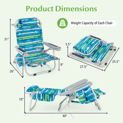 Foldable Backpack Beach Chair with cup holder and Storage Pockets for Outdoor-Blue and Green, Blue & Green Beach & Lawn Chairs   at Gallery Canada