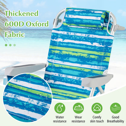 Foldable Backpack Beach Chair with cup holder and Storage Pockets for Outdoor-Blue and Green, Blue & Green Beach & Lawn Chairs   at Gallery Canada