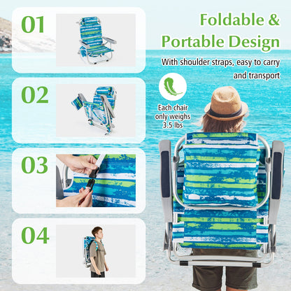 Foldable Backpack Beach Chair with cup holder and Storage Pockets for Outdoor-Blue and Green, Blue & Green Beach & Lawn Chairs   at Gallery Canada