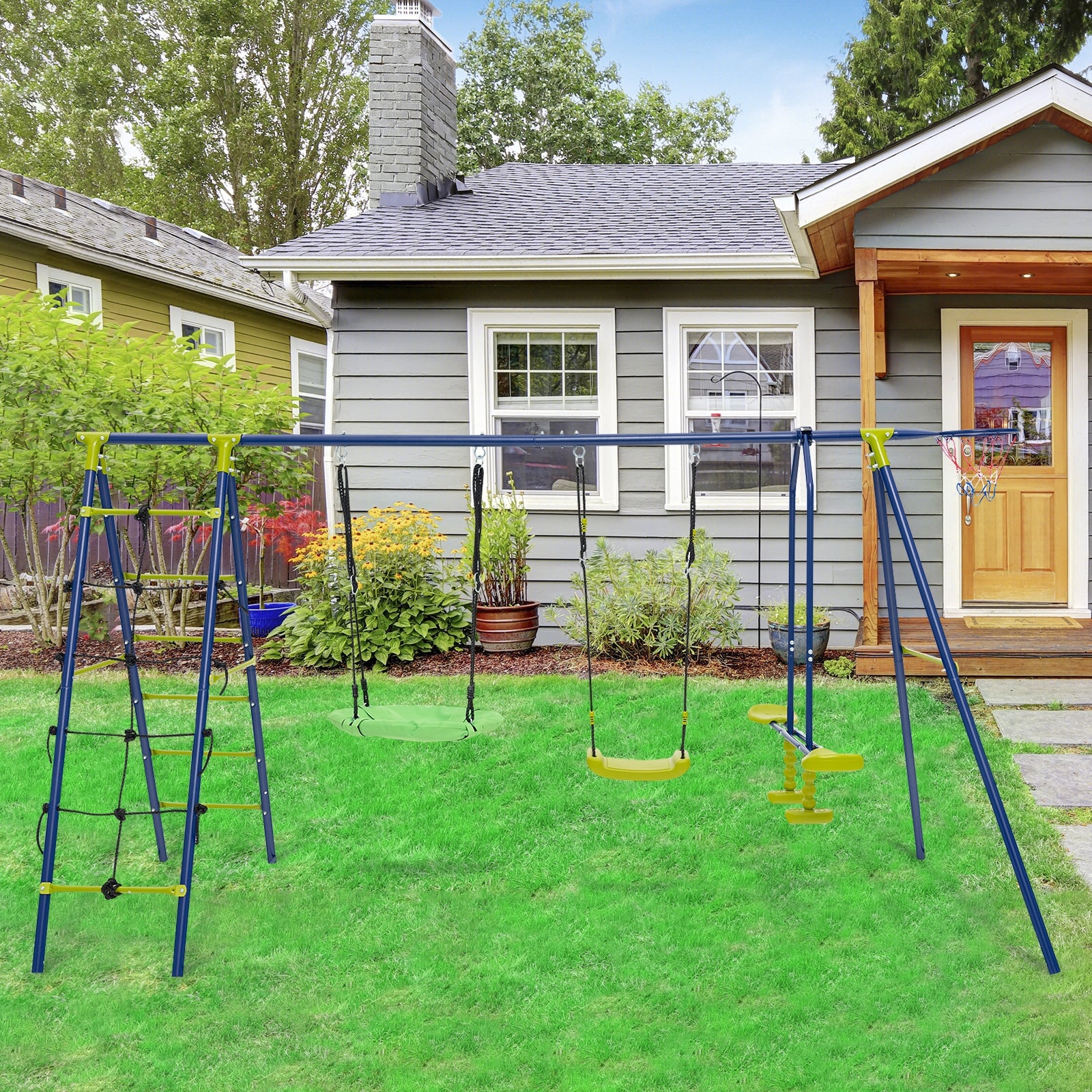 550 LBS 6-in-1 Patio Kids Swing Set with Climbing Net and Ladder, Green Swing & Playsets   at Gallery Canada