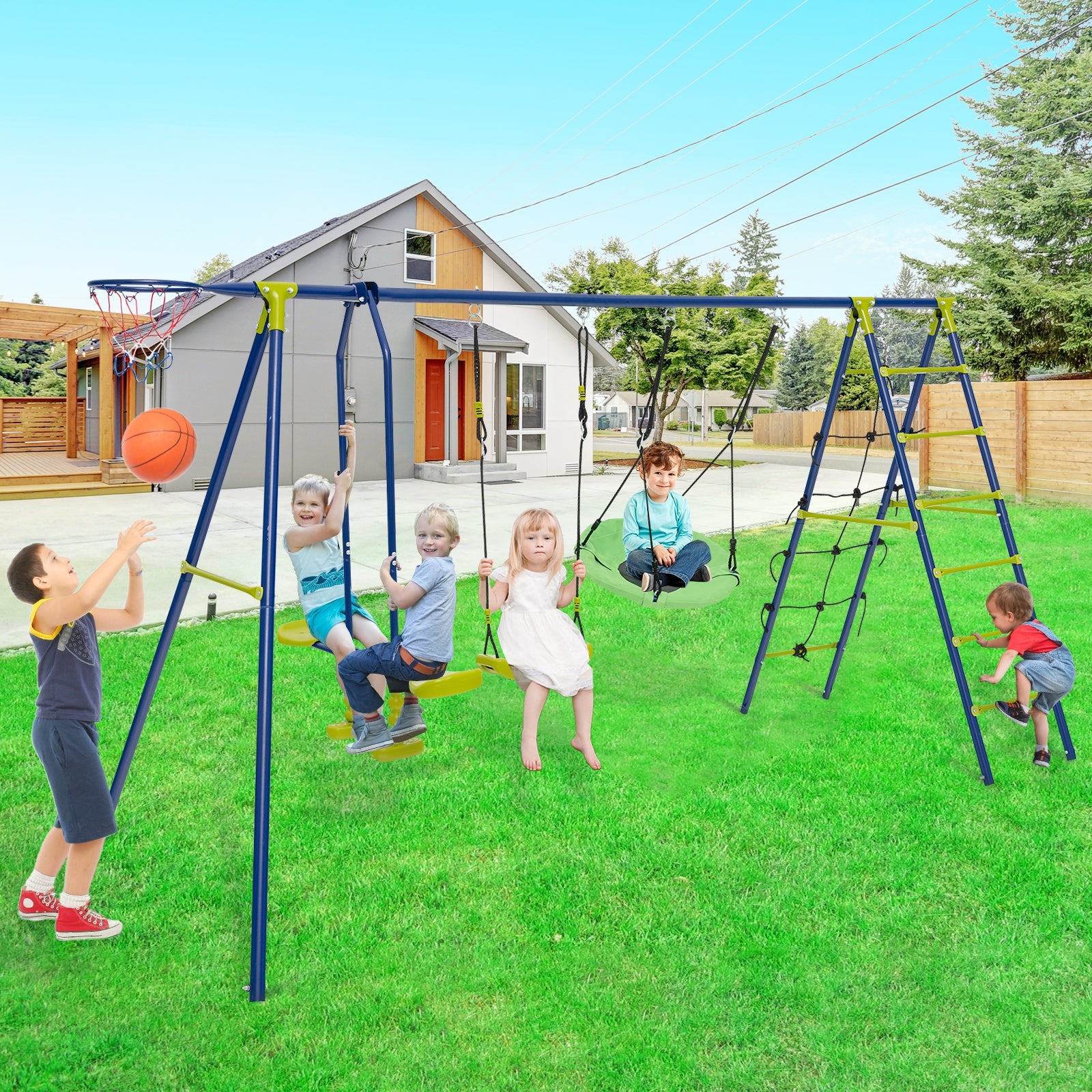 550 LBS 6-in-1 Patio Kids Swing Set with Climbing Net and Ladder, Green Swing & Playsets   at Gallery Canada