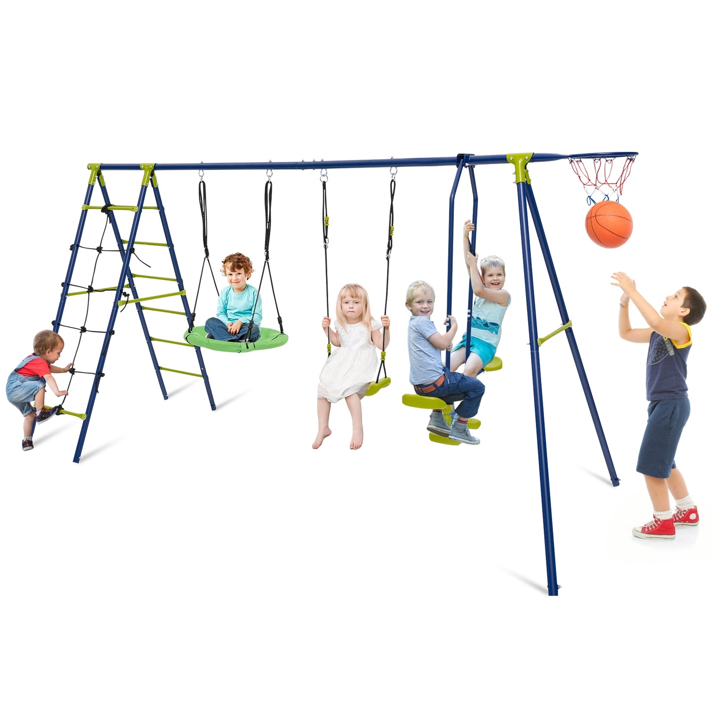 550 LBS 6-in-1 Patio Kids Swing Set with Climbing Net and Ladder, Green Swing & Playsets Green  at Gallery Canada