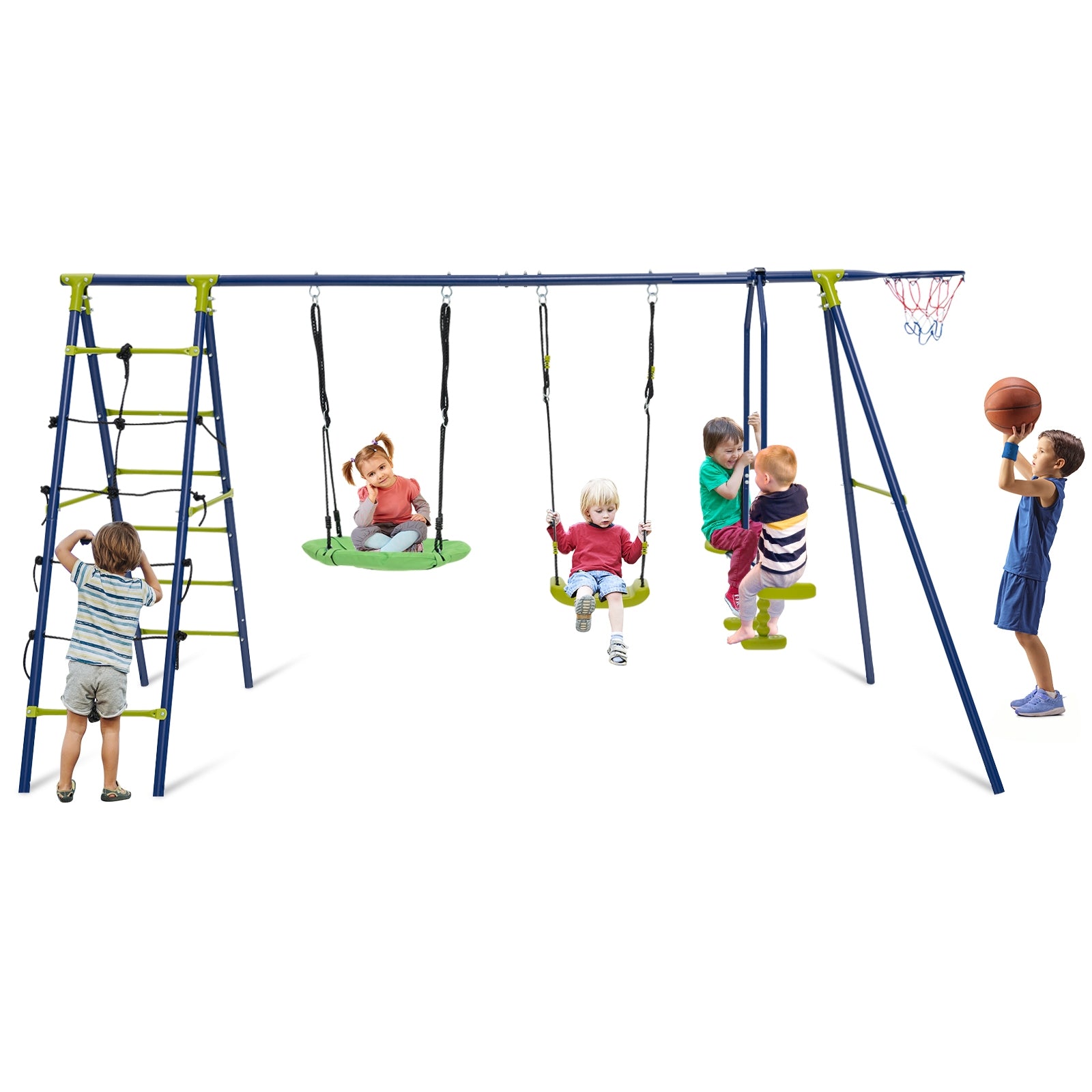 550 LBS 6-in-1 Patio Kids Swing Set with Climbing Net and Ladder, Green Swing & Playsets   at Gallery Canada