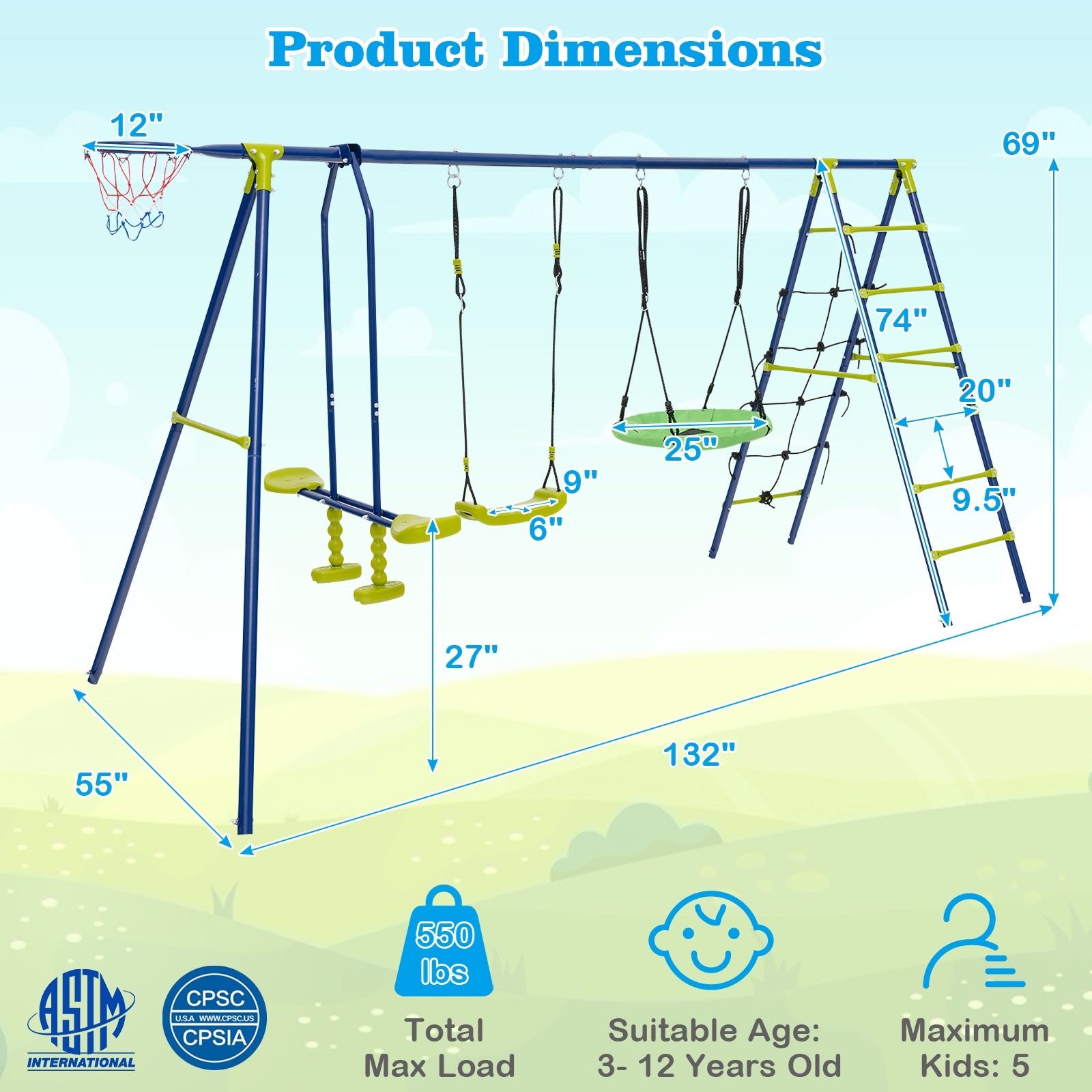 550 LBS 6-in-1 Patio Kids Swing Set with Climbing Net and Ladder, Green Swing & Playsets   at Gallery Canada