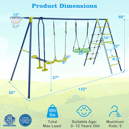 550 LBS 6-in-1 Patio Kids Swing Set with Climbing Net and Ladder, Green Swing & Playsets   at Gallery Canada