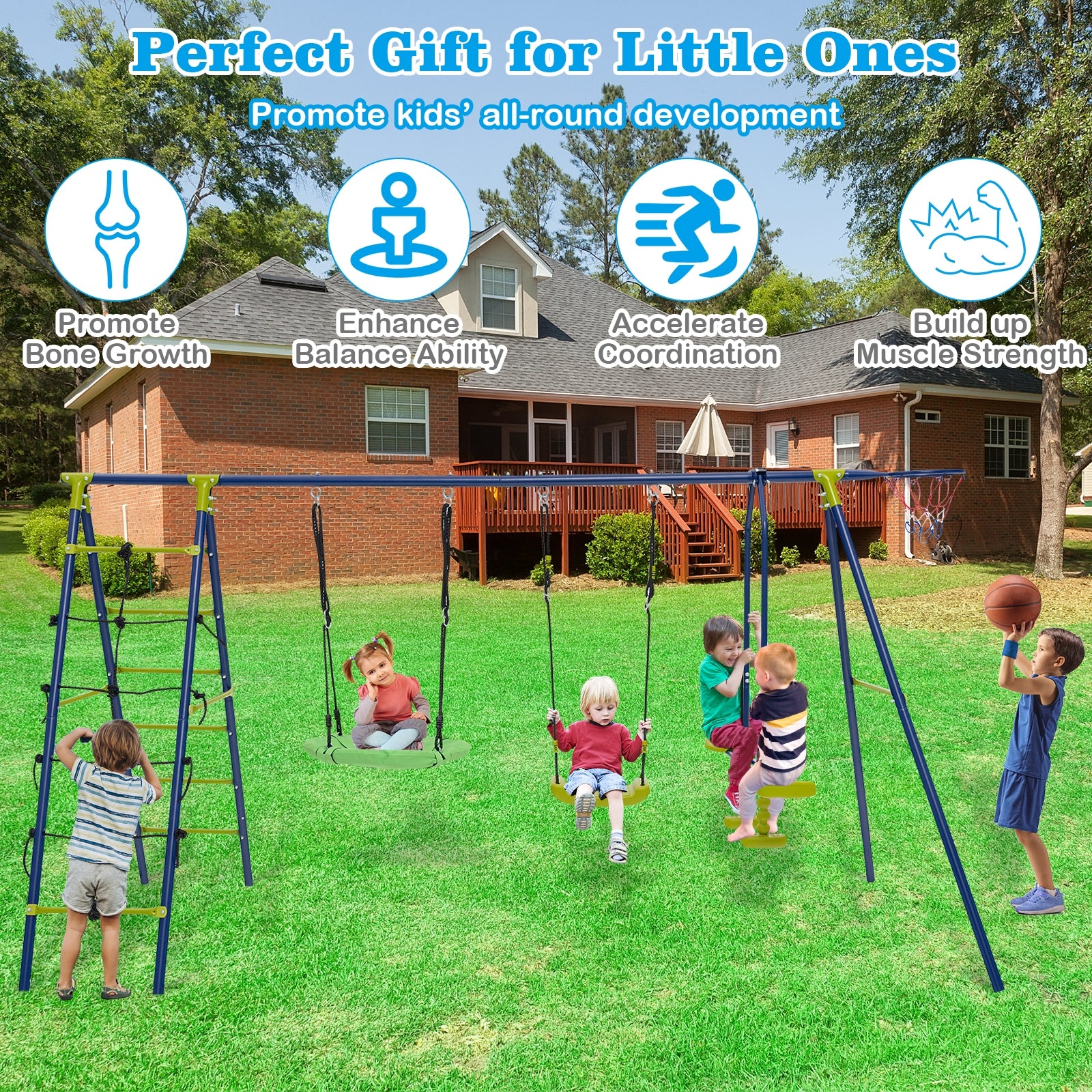 550 LBS 6-in-1 Patio Kids Swing Set with Climbing Net and Ladder, Green Swing & Playsets   at Gallery Canada