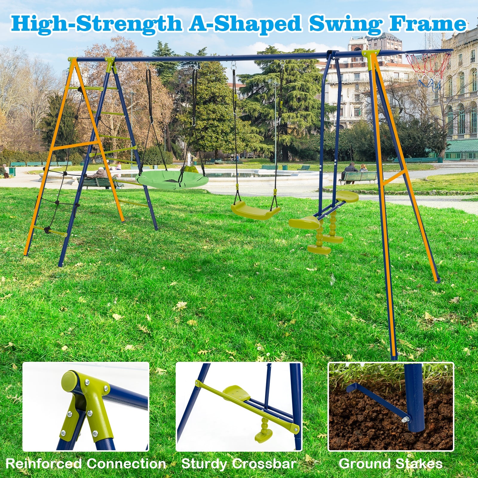 550 LBS 6-in-1 Patio Kids Swing Set with Climbing Net and Ladder, Green Swing & Playsets   at Gallery Canada