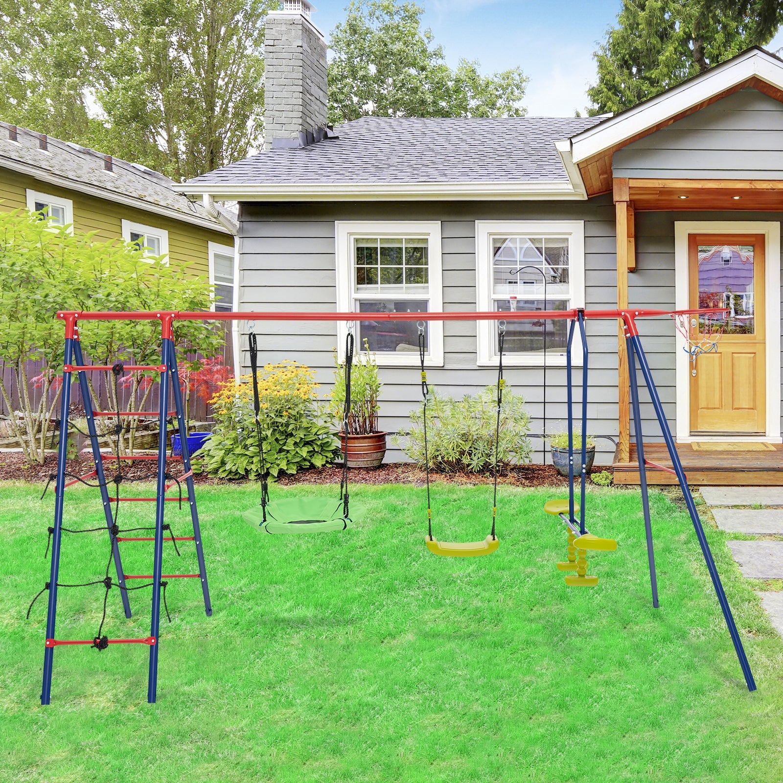 550 LBS 6-in-1 Patio Kids Swing Set with Climbing Net and Ladder, Red Swing & Playsets   at Gallery Canada