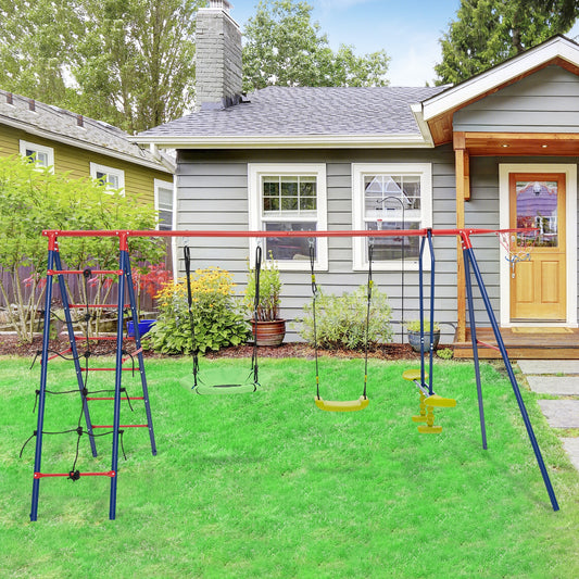 550 LBS 6-in-1 Patio Kids Swing Set with Climbing Net and Ladder, Red Swing & Playsets Red  at Gallery Canada