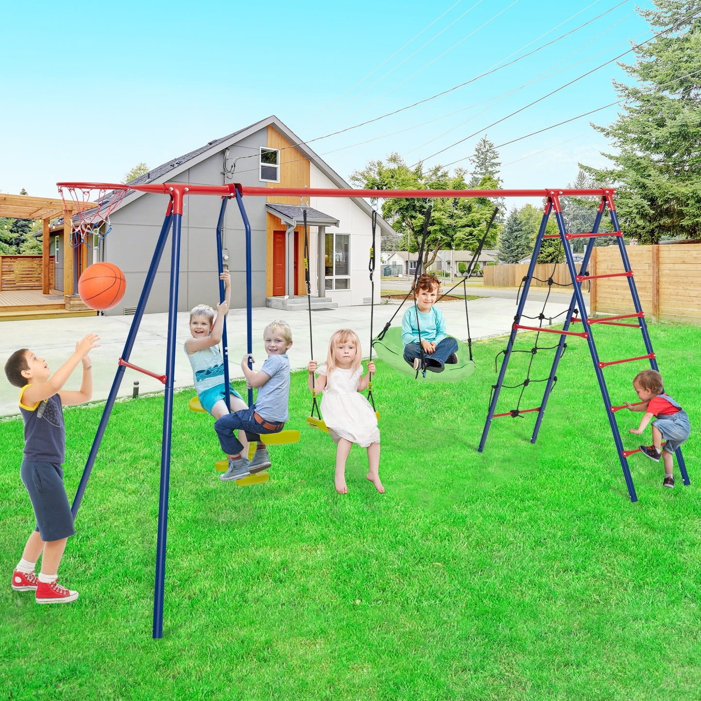 550 LBS 6-in-1 Patio Kids Swing Set with Climbing Net and Ladder, Red Swing & Playsets   at Gallery Canada