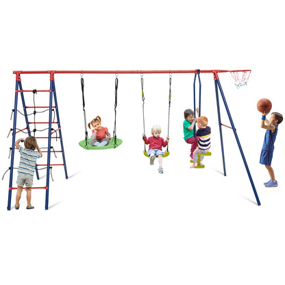 550 LBS 6-in-1 Patio Kids Swing Set with Climbing Net and Ladder, Red Swing & Playsets Red  at Gallery Canada