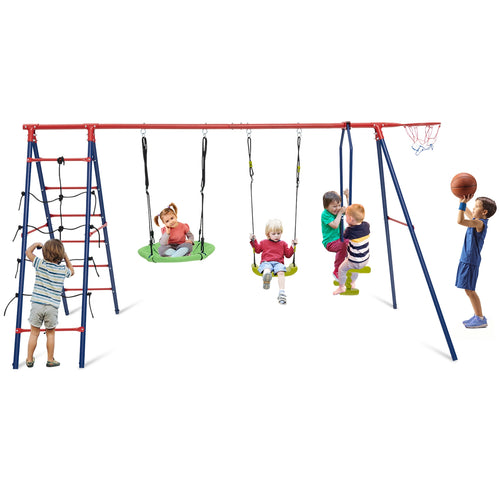 550 LBS 6-in-1 Patio Kids Swing Set with Climbing Net and Ladder, Red