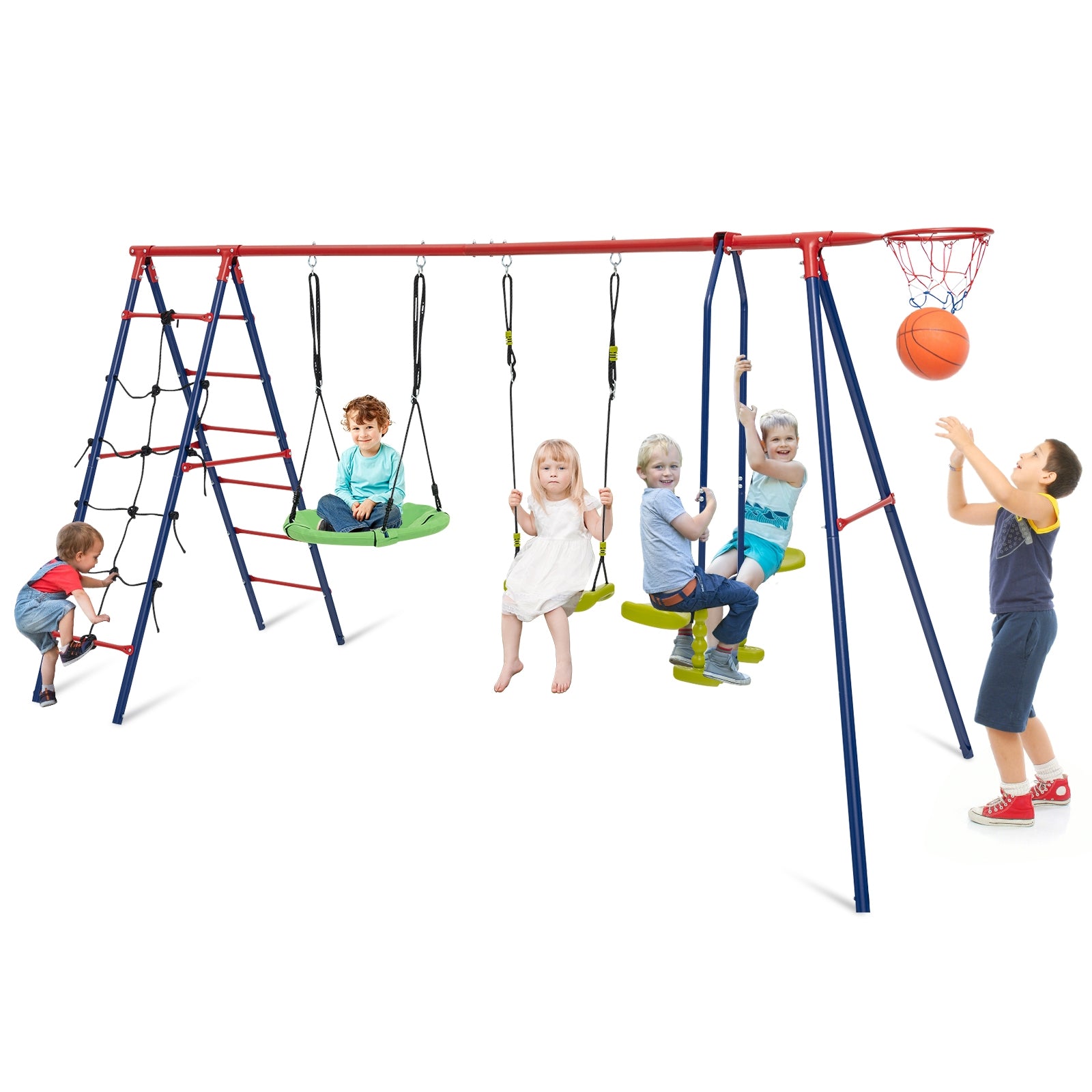 550 LBS 6-in-1 Patio Kids Swing Set with Climbing Net and Ladder, Red Swing & Playsets   at Gallery Canada