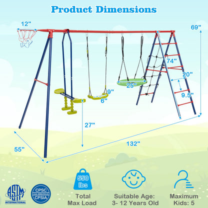 550 LBS 6-in-1 Patio Kids Swing Set with Climbing Net and Ladder, Red Swing & Playsets   at Gallery Canada