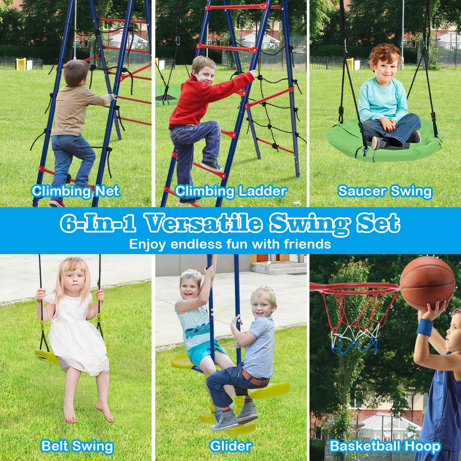 550 LBS 6-in-1 Patio Kids Swing Set with Climbing Net and Ladder, Red Swing & Playsets   at Gallery Canada