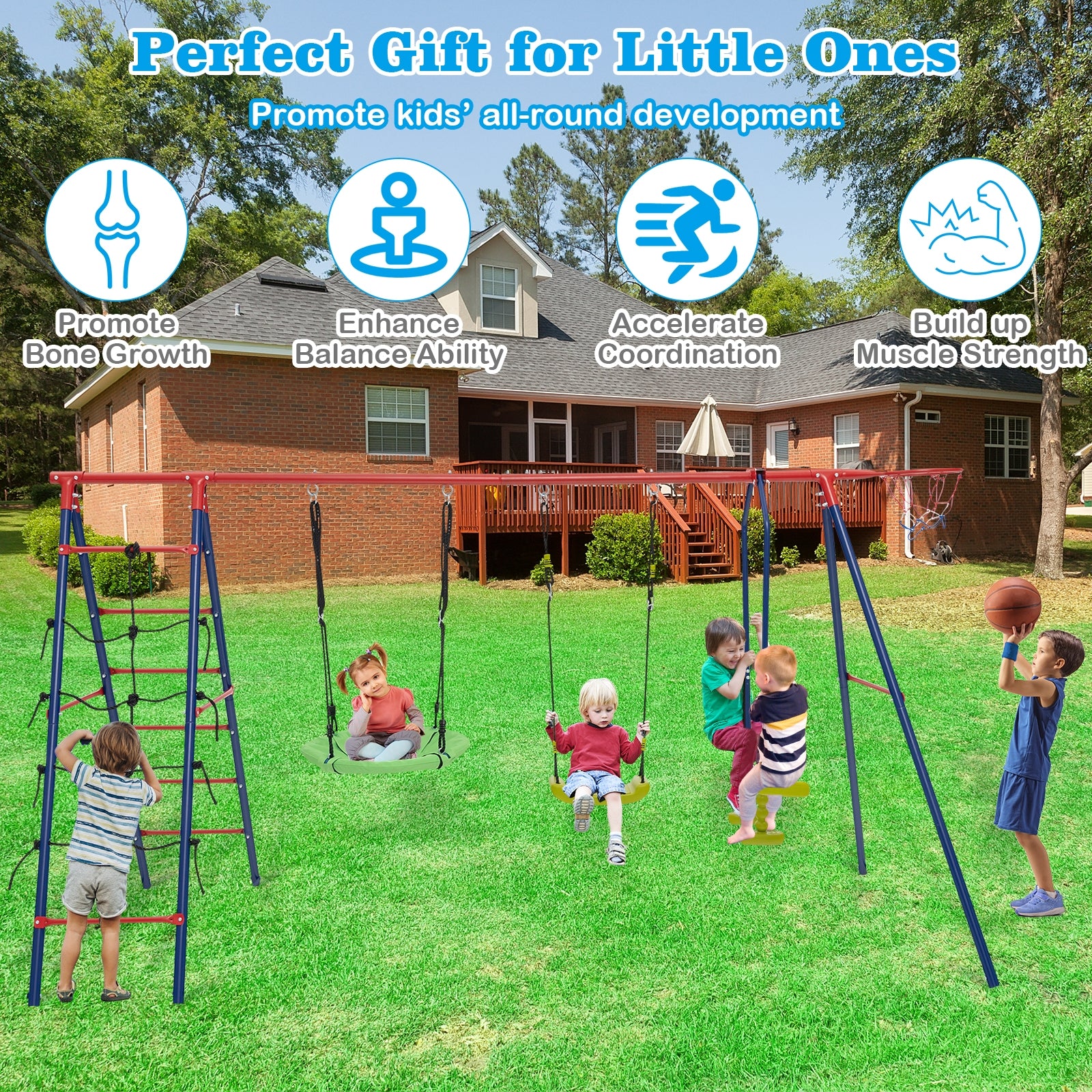 550 LBS 6-in-1 Patio Kids Swing Set with Climbing Net and Ladder, Red Swing & Playsets   at Gallery Canada