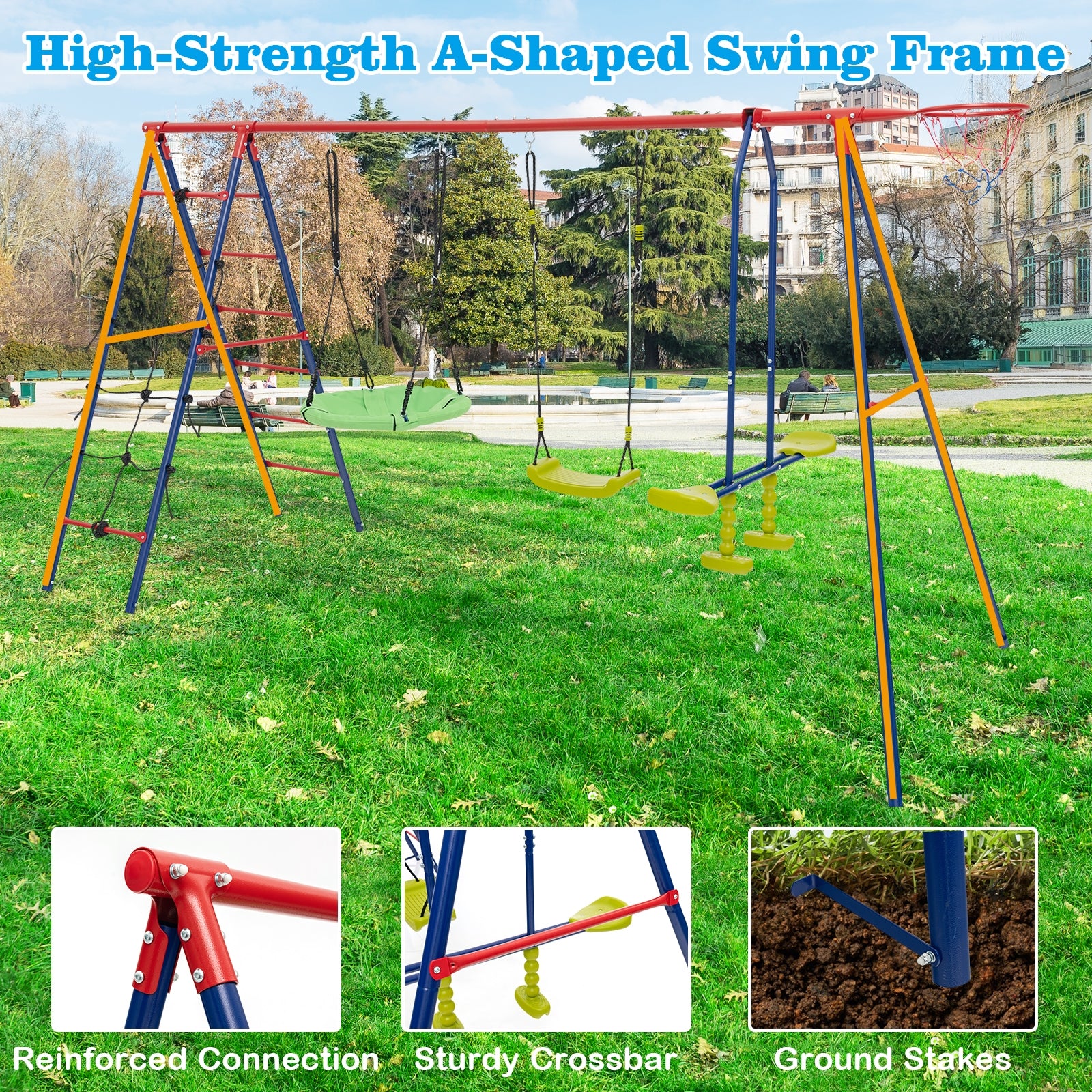 550 LBS 6-in-1 Patio Kids Swing Set with Climbing Net and Ladder, Red Swing & Playsets   at Gallery Canada